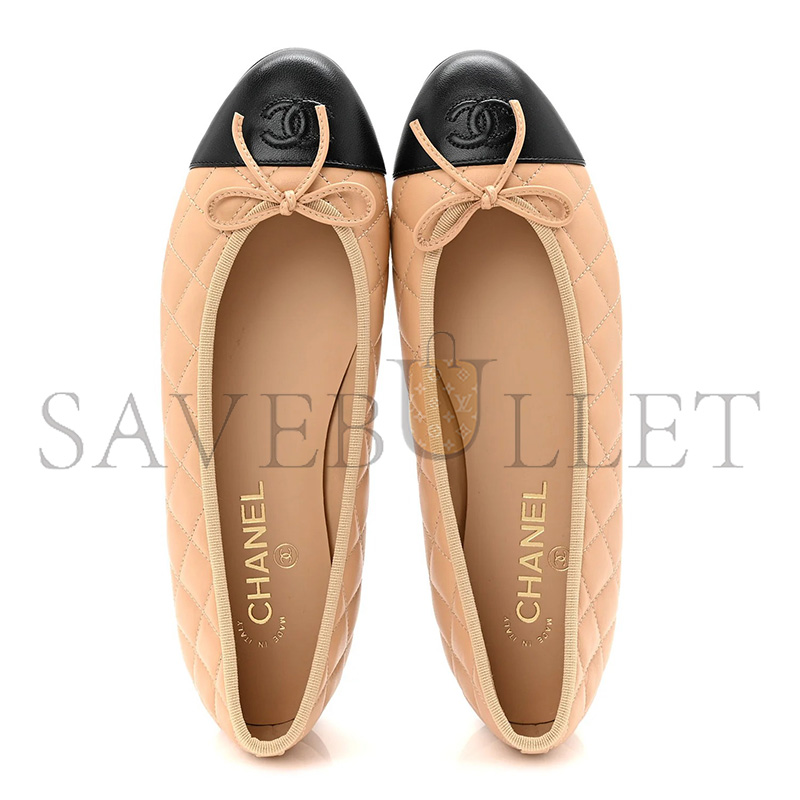 CHANEL LAMBSKIN QUILTED CC CAP TOE BALLERINA FLATS BEIGE BLACK